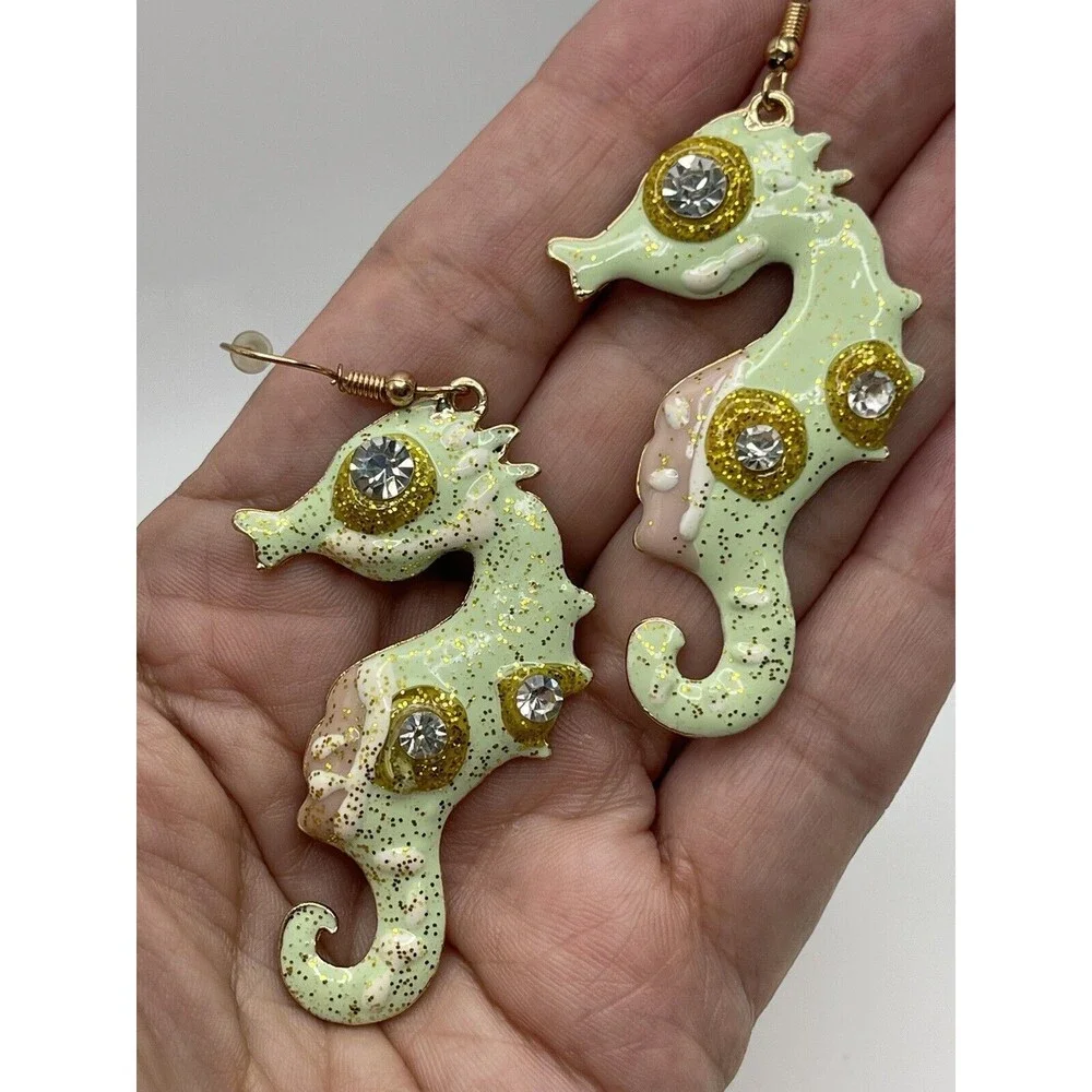 Metal Painted Glitter Seahorse Dangle Earrings